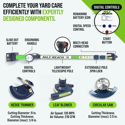 3-in-1 Cordless Lightweight Yard Tool - Hedge Trimmer / Leaf Blower (Air Broom) / Pole Saw / (6.0 Amps,11 ft. Reach) - Handheld - Whisper Quiet - Battery & Charger Included