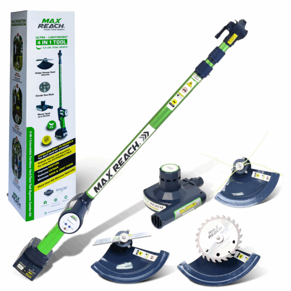 4-in-1 Cordless Lightweight Yard Tool — Hedge Trimmer | Leaf Blower (Air Broom) | Pole Saw | Weed Wacker — (6.0 Amps,11 ft Reach) — Handheld — Whisper Quiet — 2H Runtime + Charger Included Max Reach®